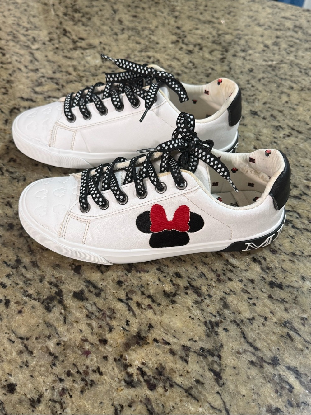 Disney White Sneakers with Black Accents and Red Bow Minnie Patch